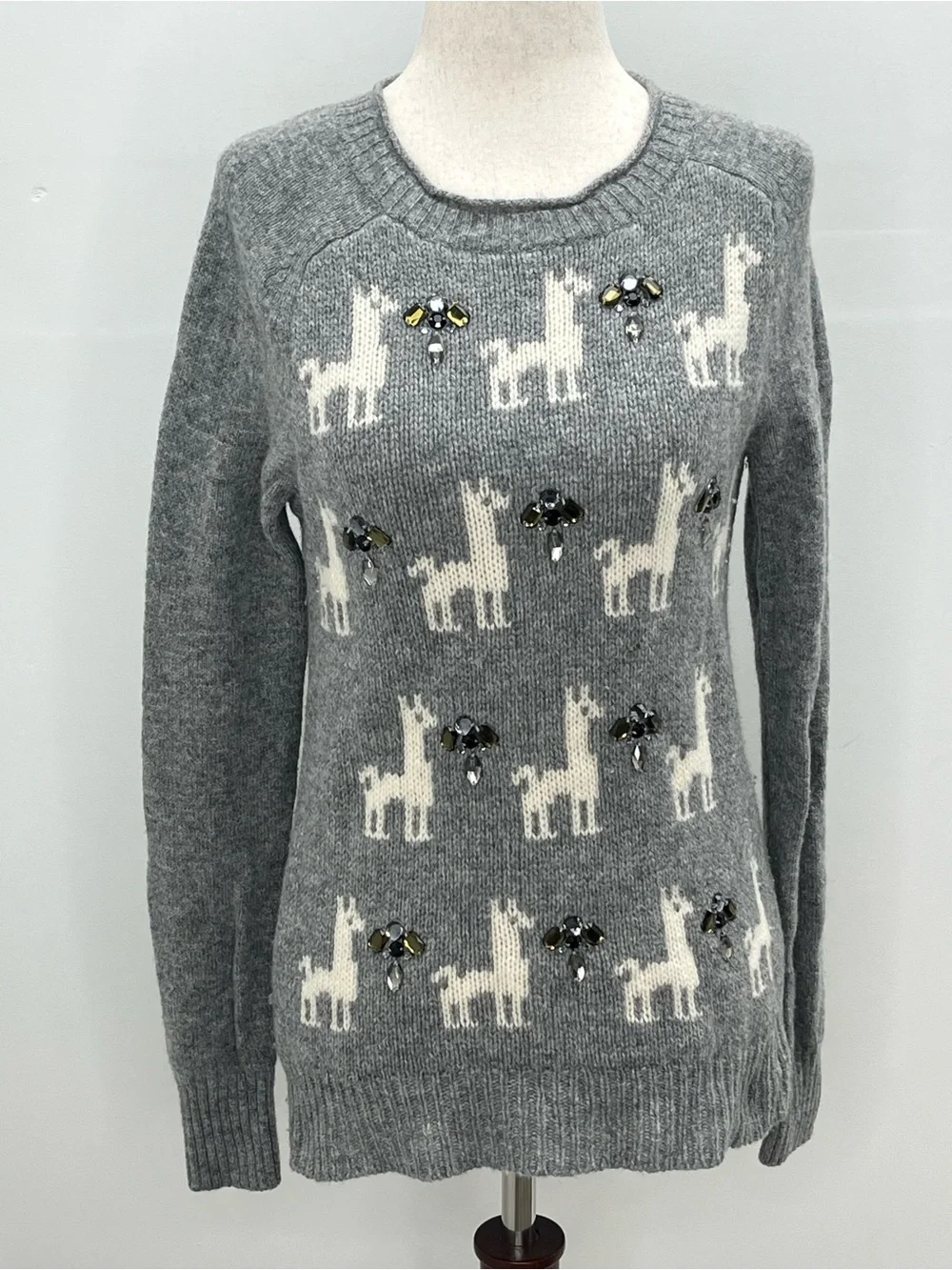J.Crew Women’s Gray Wool Embellished Llama Animal Jacquard Crewneck Sweater XS